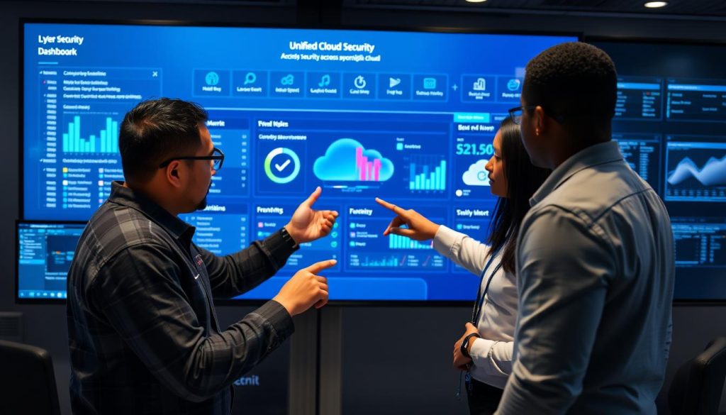 Security team reviewing unified cloud security dashboard