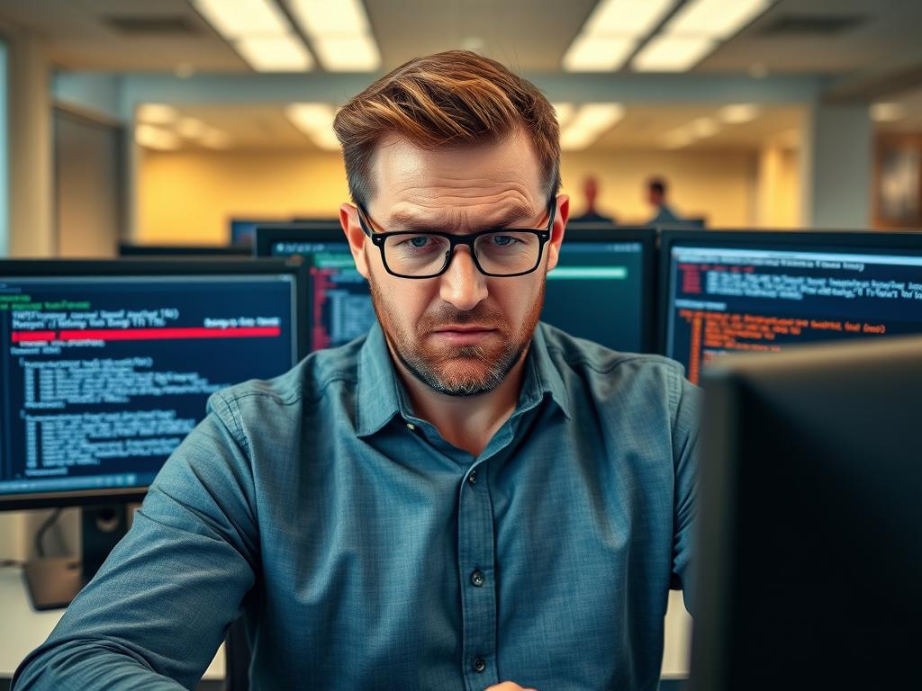 Stresset IT-sjef som prøver å håndtere flere IT-problemer samtidig, illustrerer utfordringene ved outsourcing av intern IT-drift