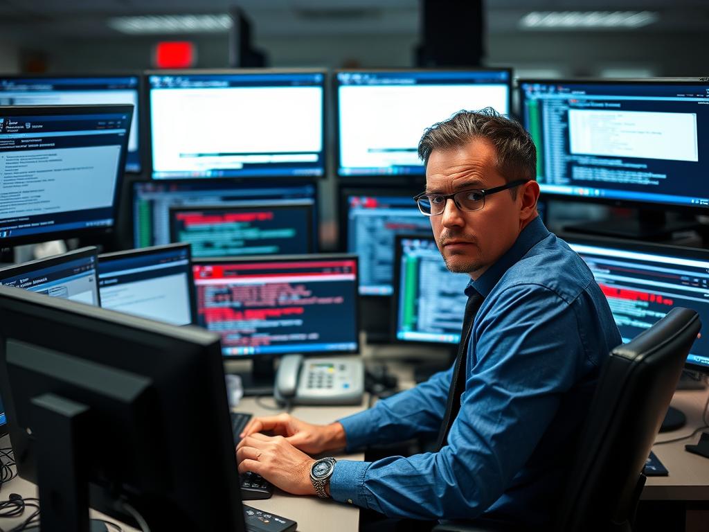 Stressad IT-chef som hanterar flera problem samtidigt, illustrerar utmaningarna med intern IT drift