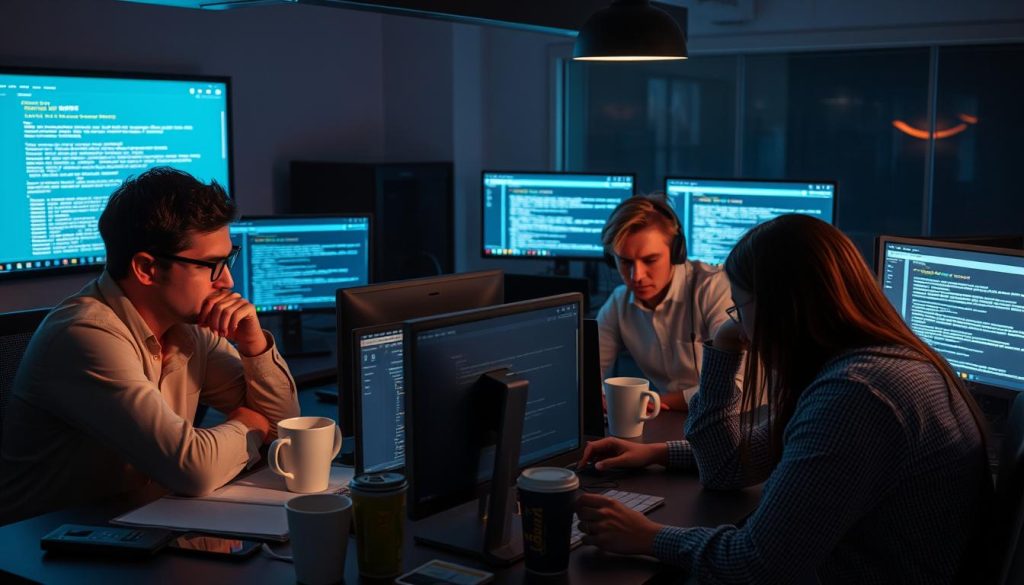 Stressed IT team working late to resolve AWS infrastructure issues in a self-managed environment