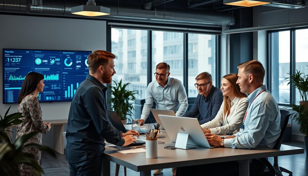 Team av IT-konsulter från Opsio som arbetar tillsammans i ett modernt kontorslandskap