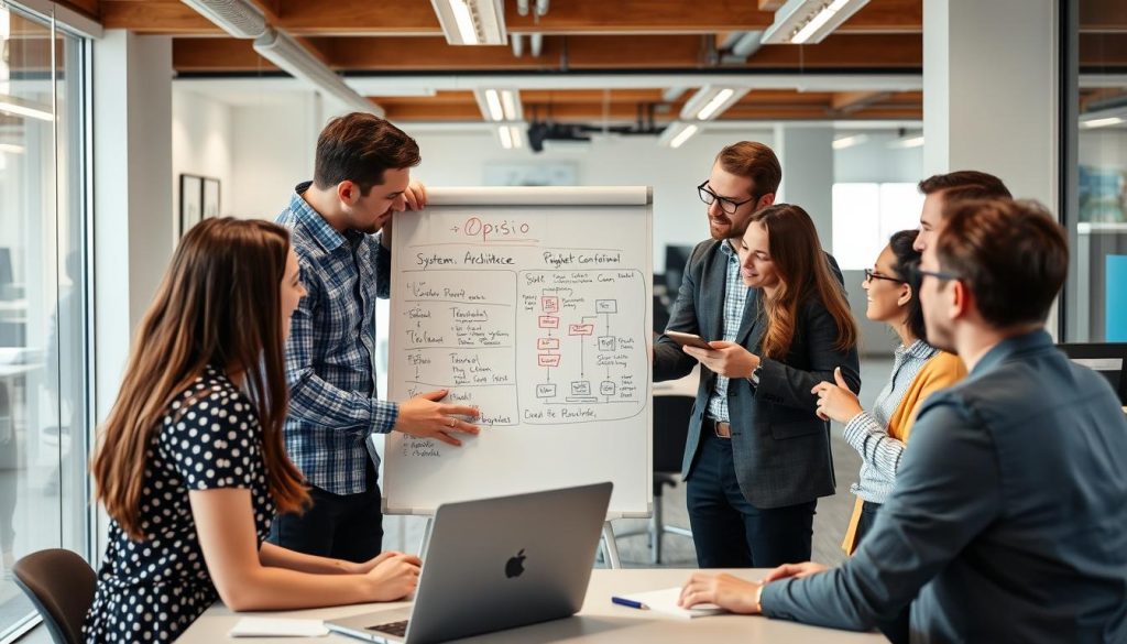 Team av IT-konsulter från Opsio som samarbetar kring en whiteboard