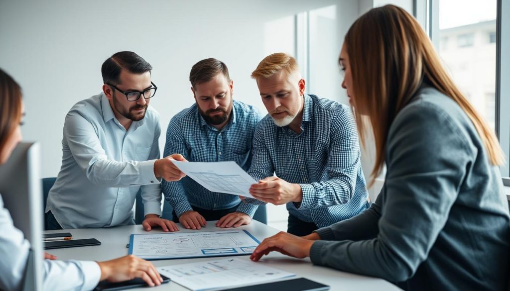 Team av IT-specialister diskuterar lösningar för IT-drift utmaningar vid ett mötesbord