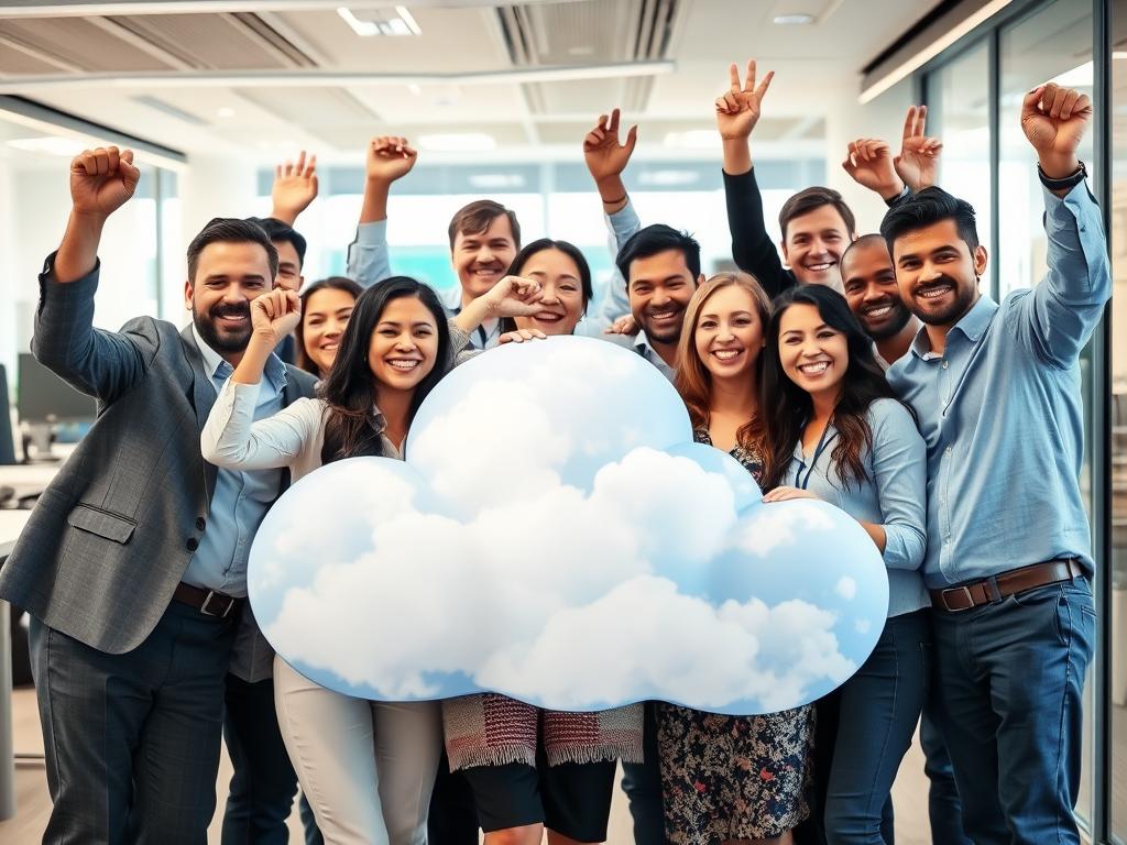 Team celebrating successful cloud migration completion