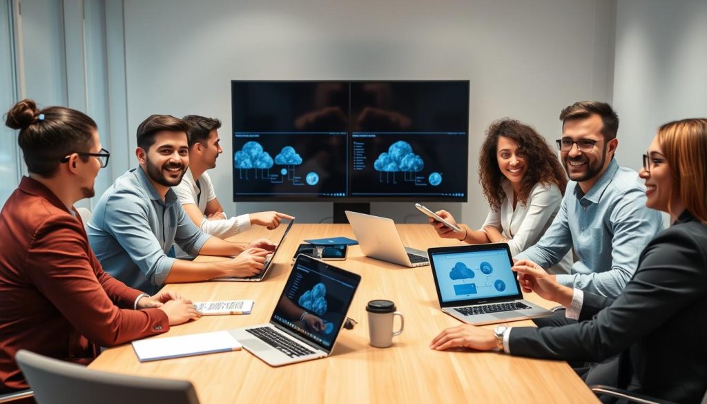 Team of IT professionals collaborating on cloud cost optimization strategy in a meeting room