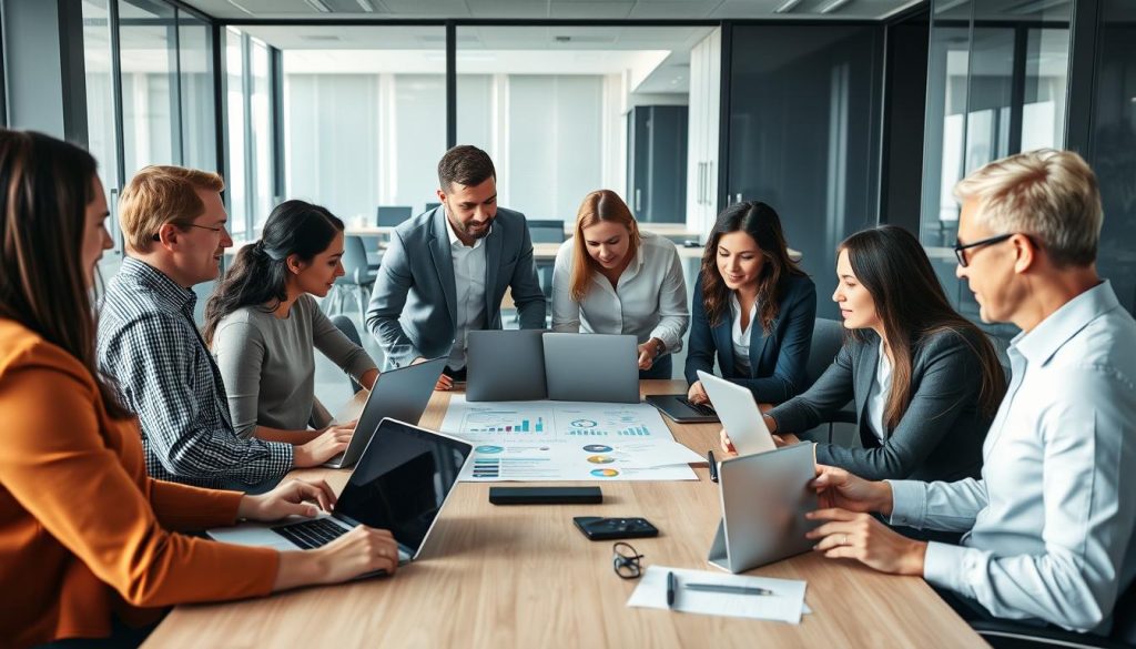 Team of IT professionals discussing cloud readiness assessment strategy around a conference table