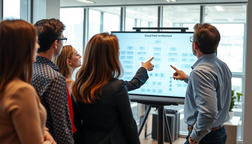 Team reviewing cloud security architecture diagrams