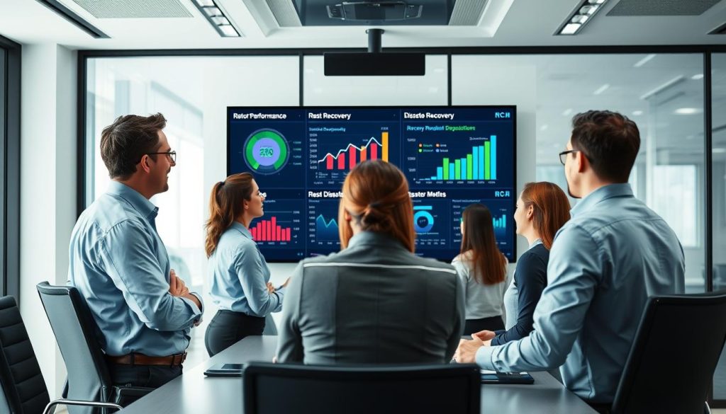 Business and IT leaders reviewing disaster recovery metrics dashboard