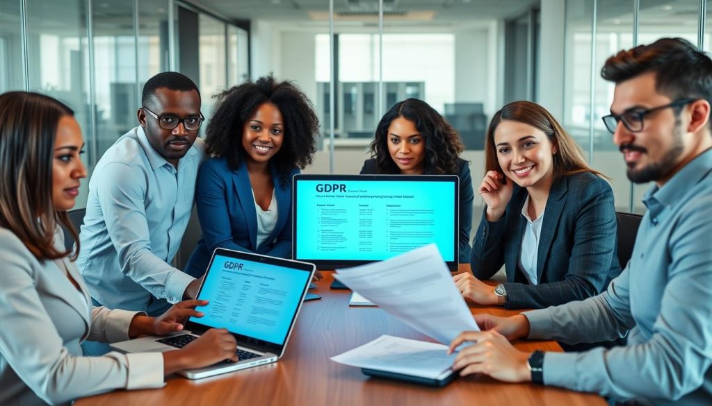 Business professionals reviewing GDPR cloud service agreements in a meeting