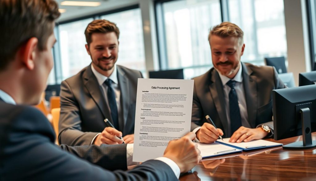 Business professionals signing a GDPR-compliant cloud service agreement