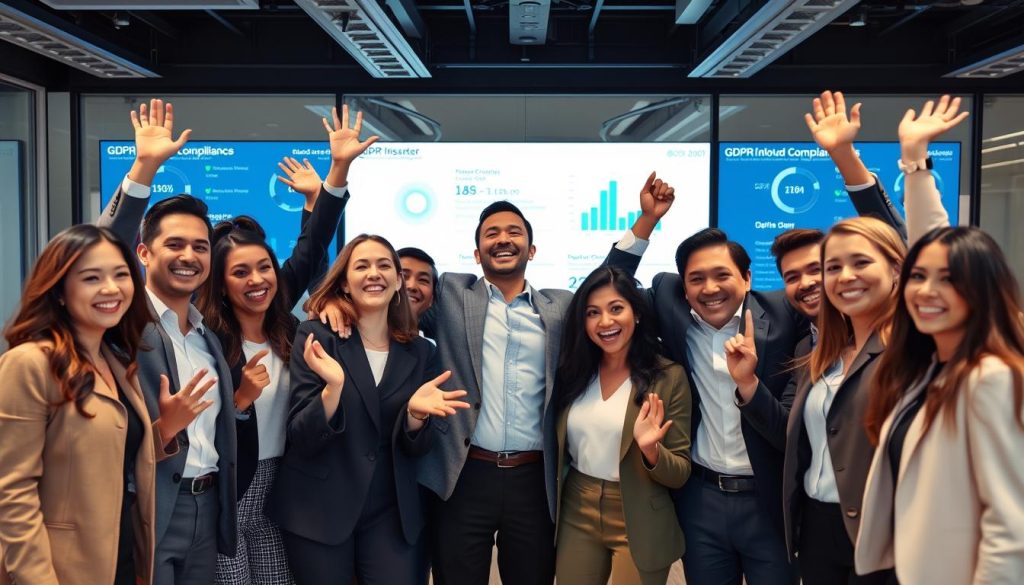 Business team celebrating successful GDPR cloud compliance implementation