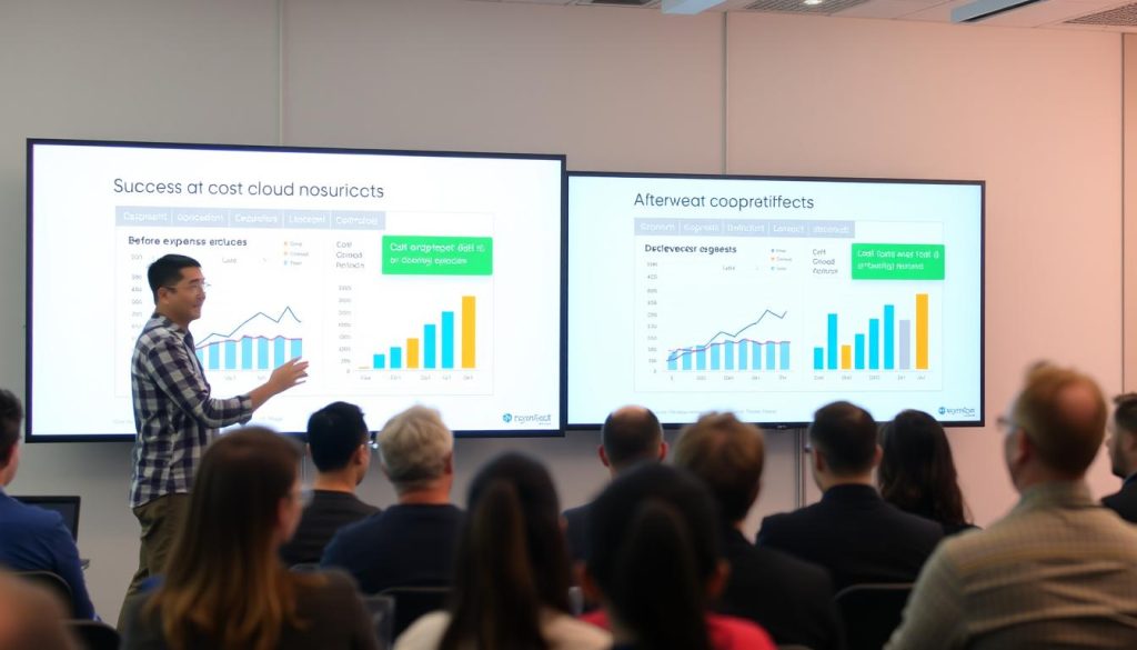 Cloud architect presenting cost optimization success story Cloud architect presenting cost optimization success story