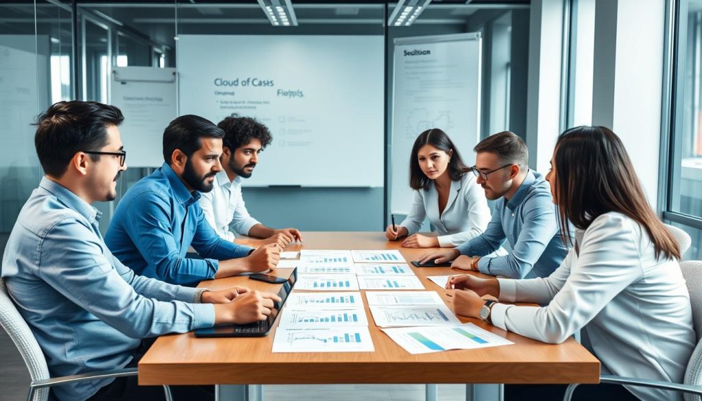 Cross-functional team in a FinOps meeting discussing cloud cost optimization Cross-functional team in a FinOps meeting discussing cloud cost optimization