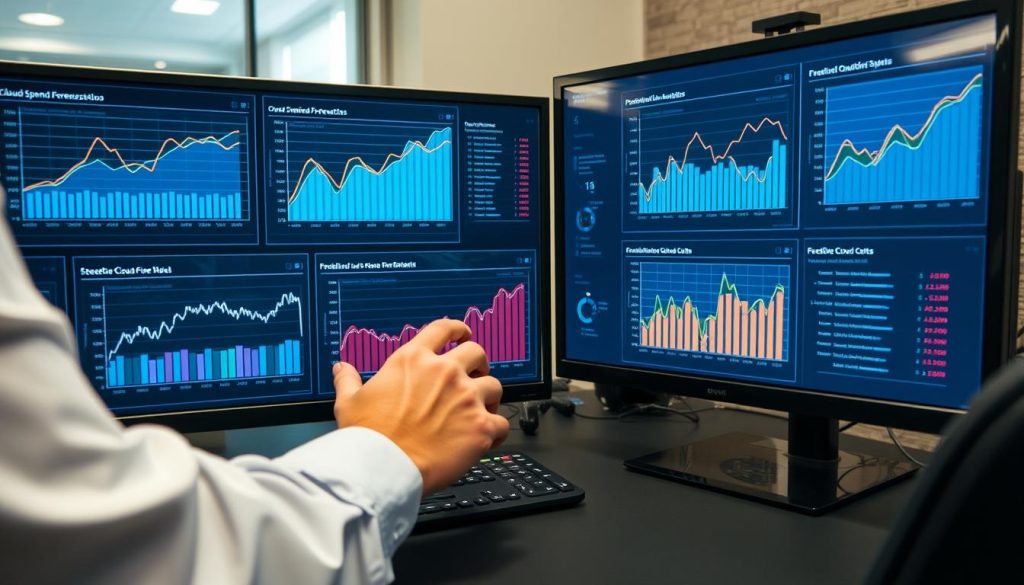 Data analyst reviewing cloud spend forecasting models Data analyst reviewing cloud spend forecasting models