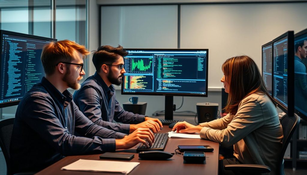 Data scientists working on AI model development for disaster recovery Data scientists working on AI model development for disaster recovery