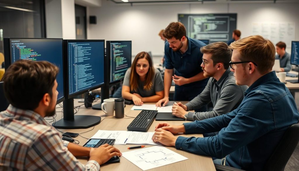Development team working on application refactoring for cloud migration
