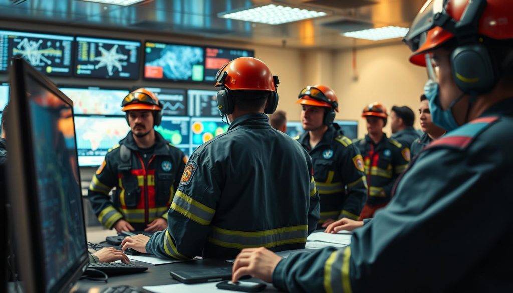 Emergency response team using AI analytics during disaster response Emergency response team using AI analytics during disaster response