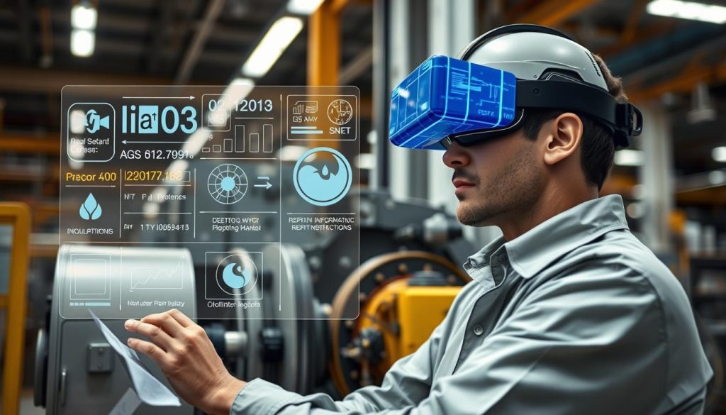 Factory worker using augmented reality headset for maintenance guided by IIoT data