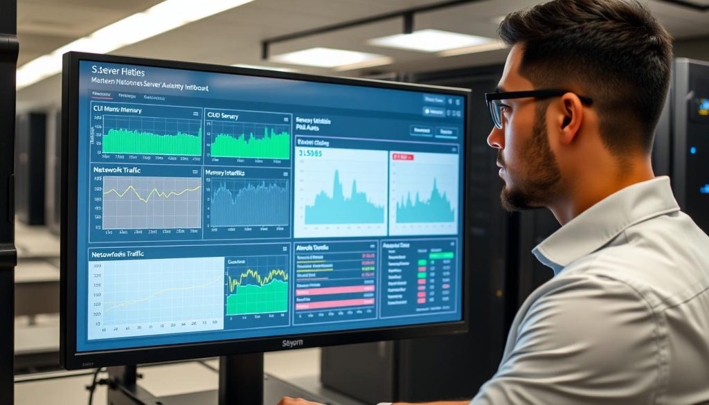 IT professional analyzing server monitoring dashboard showing performance metrics