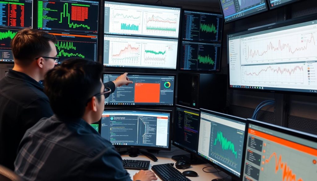 IT professionals using real-time monitoring tools to detect and resolve server issues