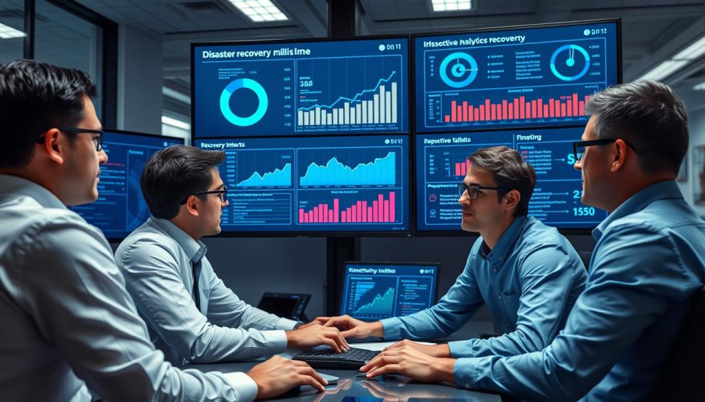 IT team analyzing AI-driven disaster recovery dashboard IT team analyzing AI-driven disaster recovery dashboard