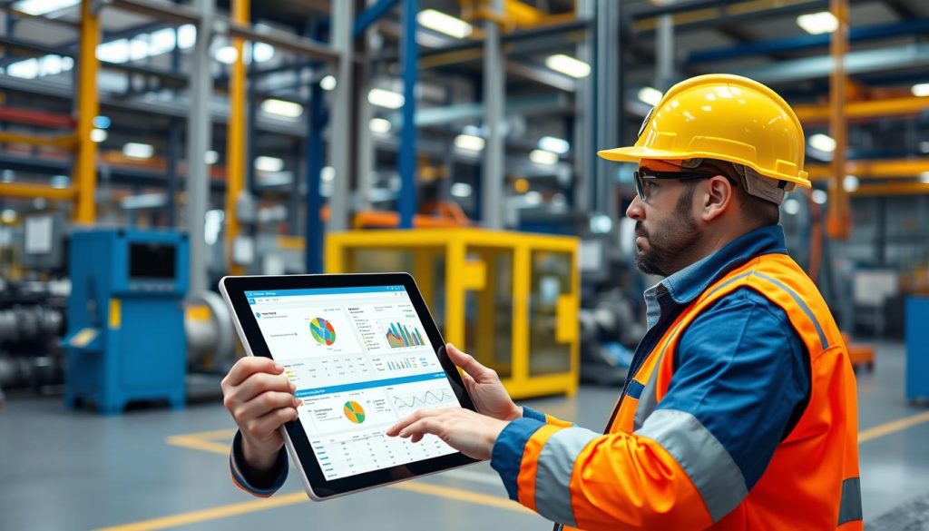 Manufacturing engineer using tablet to monitor IIoT-connected equipment on factory floor