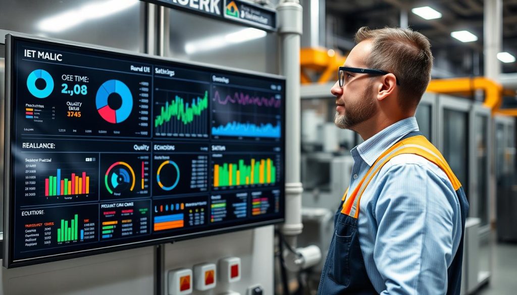 Manufacturing supervisor reviewing real-time IIoT dashboard showing operational metrics