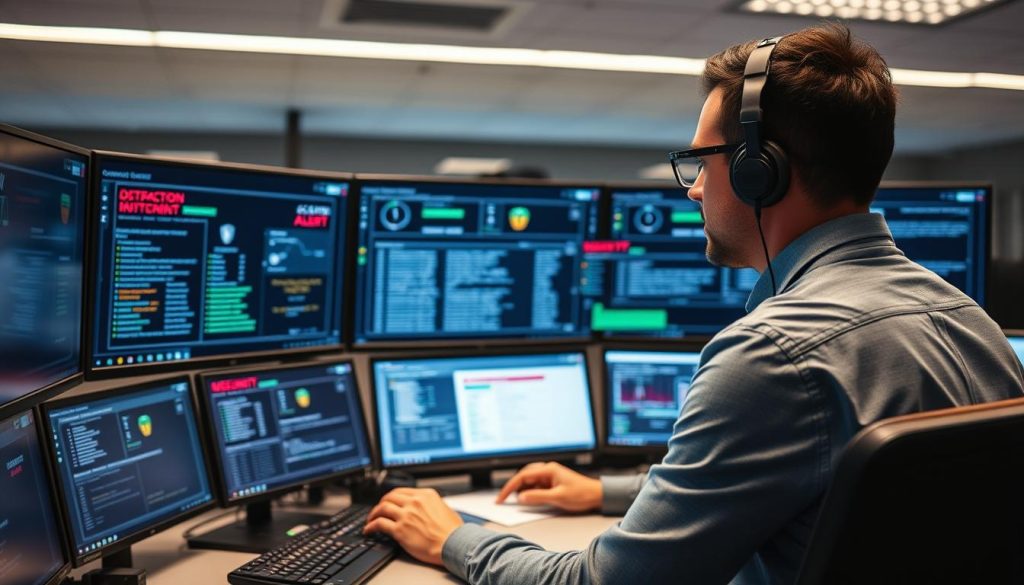 Security professional monitoring IoT device security and detecting anomalies Security professional monitoring IoT device security and detecting anomalies