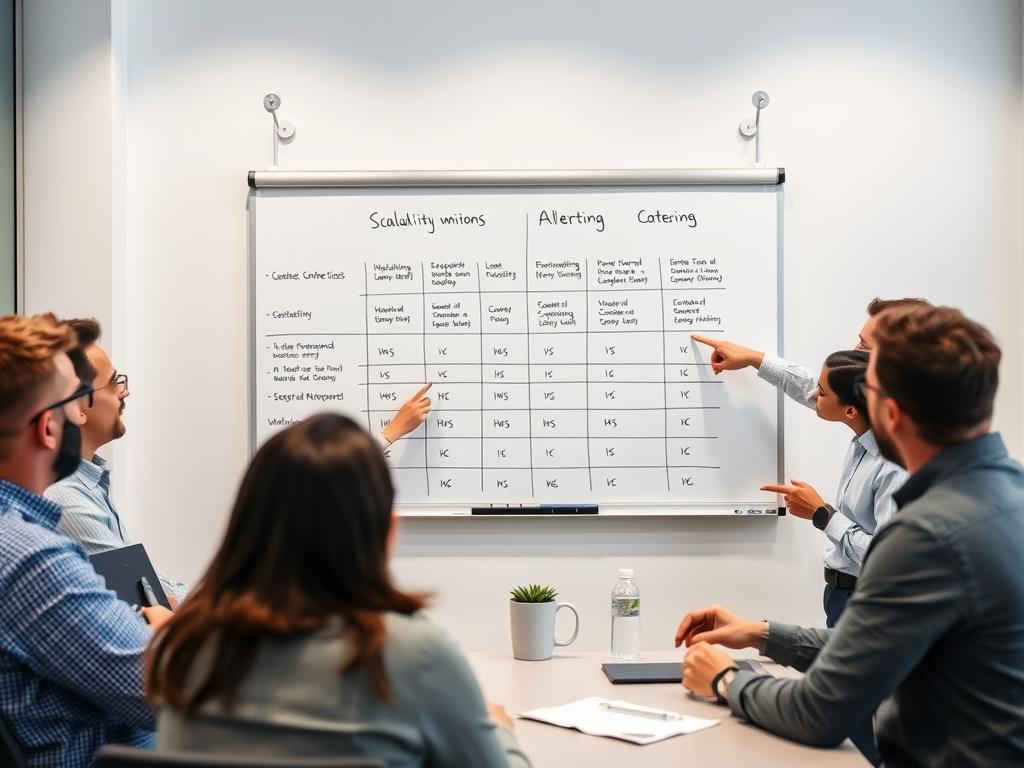 Team evaluating monitoring tools based on scalability, integrations, and cost