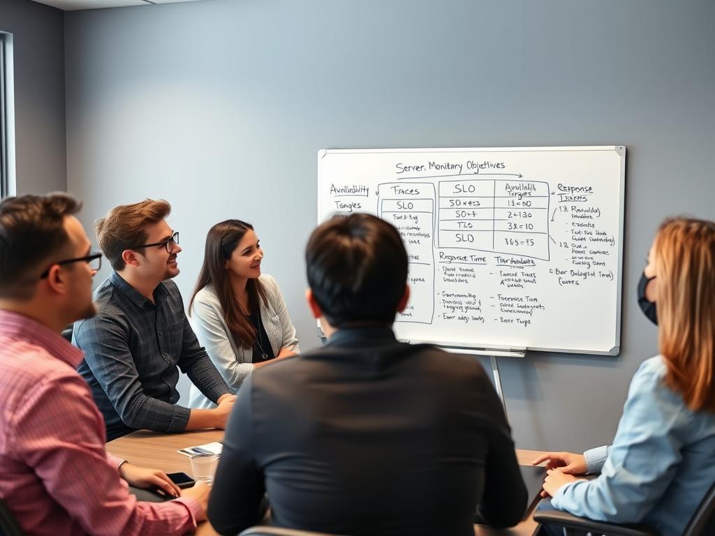 Team of IT professionals discussing server monitoring objectives and SLOs