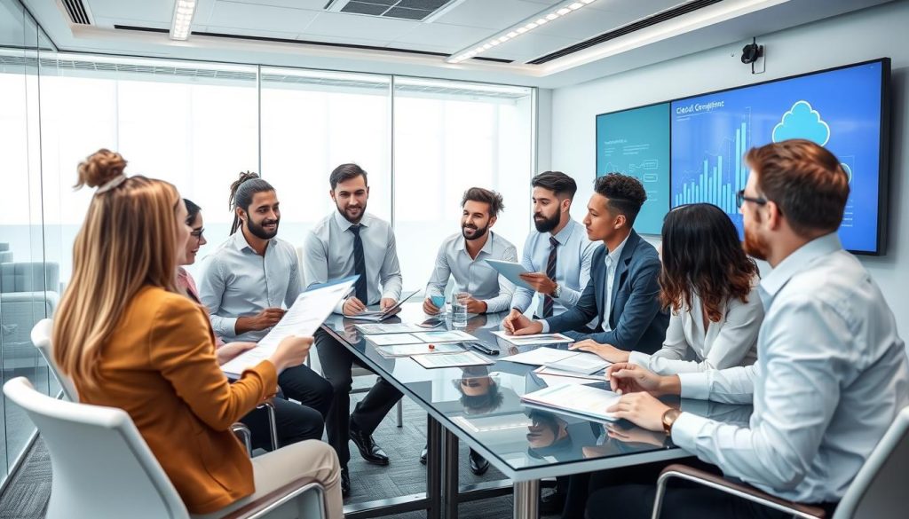 Team of business professionals discussing cloud compliance strategy
