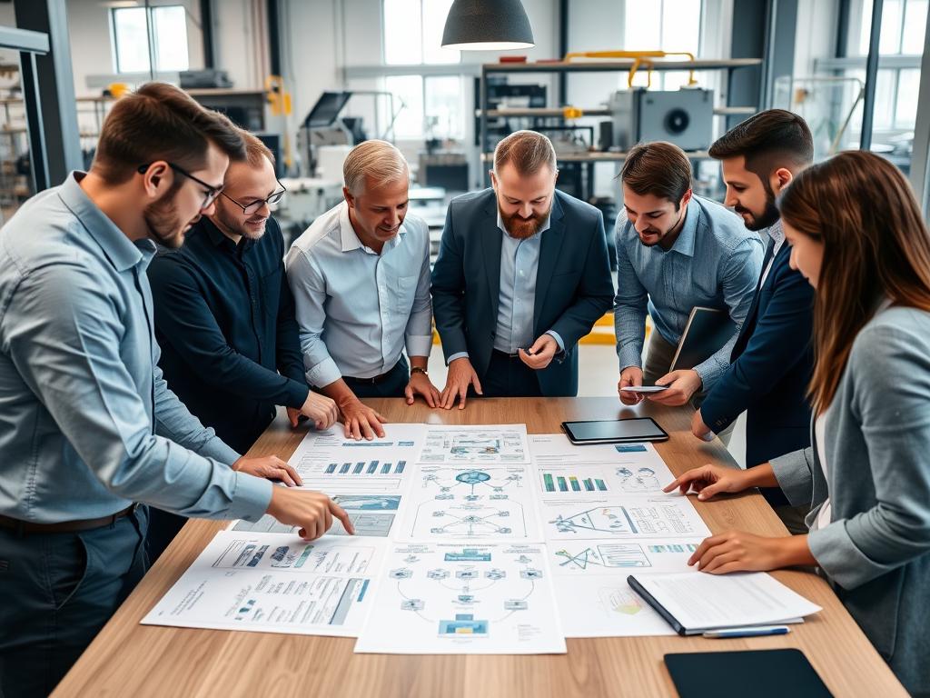 Team of manufacturing engineers planning IIoT implementation with process maps and diagrams