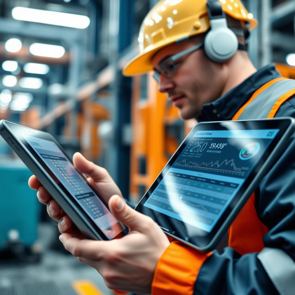 Technician using tablet to monitor IoT devices in a manufacturing facility Technician using tablet to monitor IoT devices in a manufacturing facility