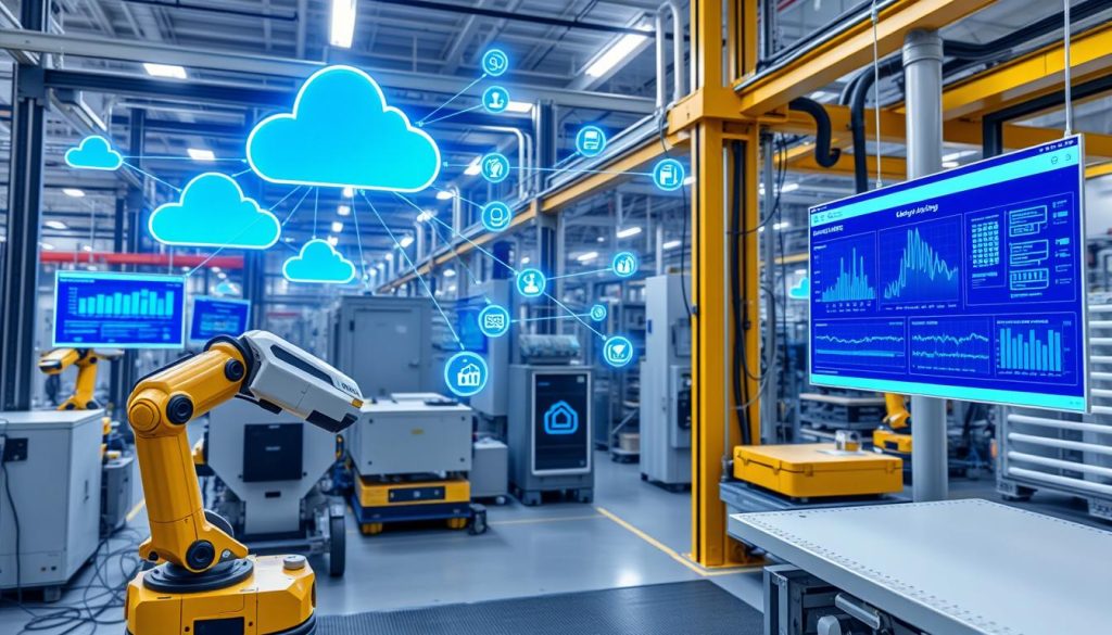 AI in cloud services manufacturing showing a modern factory floor with digital interfaces and robotic systems