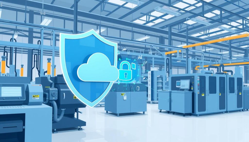 Cloud Security Compliance for Manufacturers showing connected factory with cloud security overlay