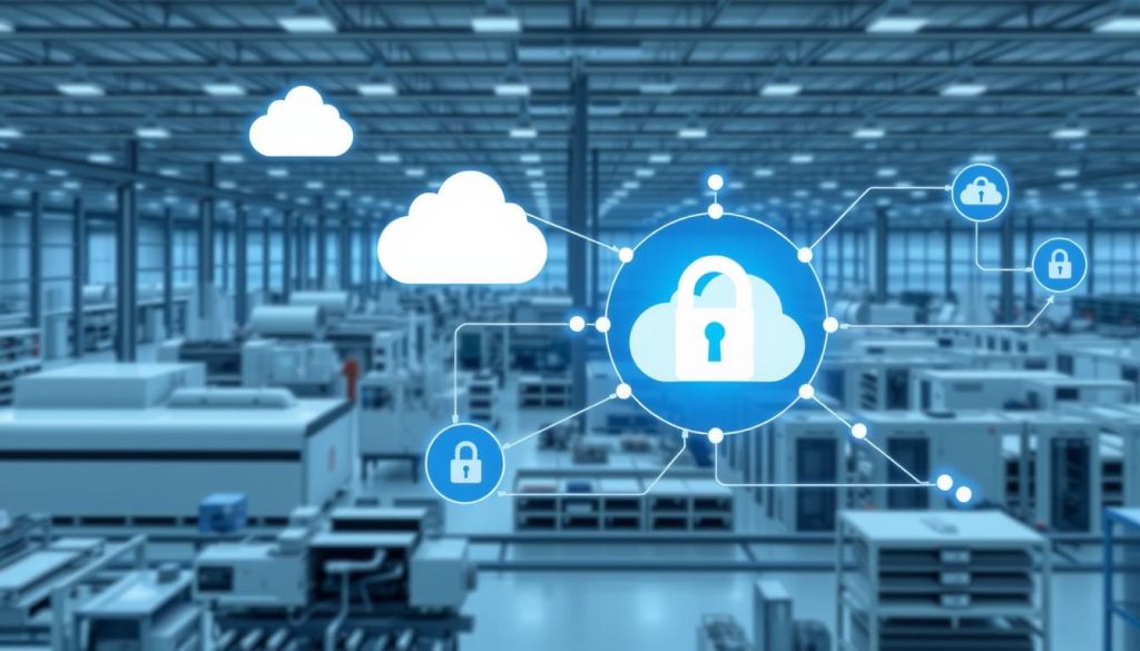Cloud Security Compliance for Manufacturers showing secure connected factory