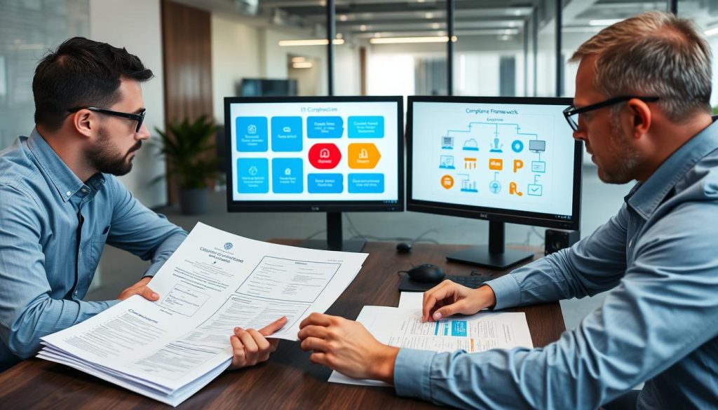 Compliance officers reviewing cloud migration in financial services regulatory requirements