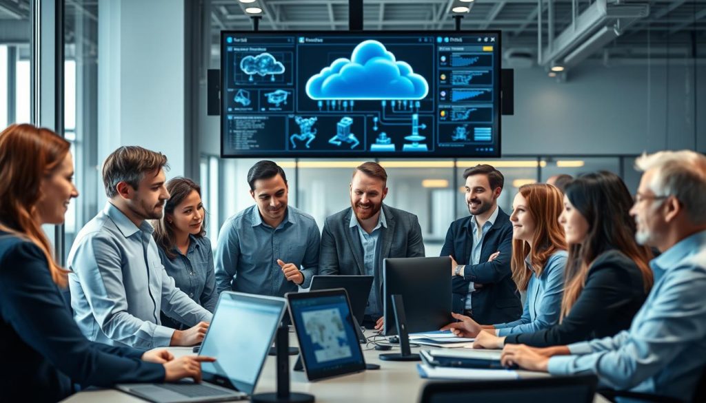 Cross-functional team collaborating on cloud manufacturing implementation