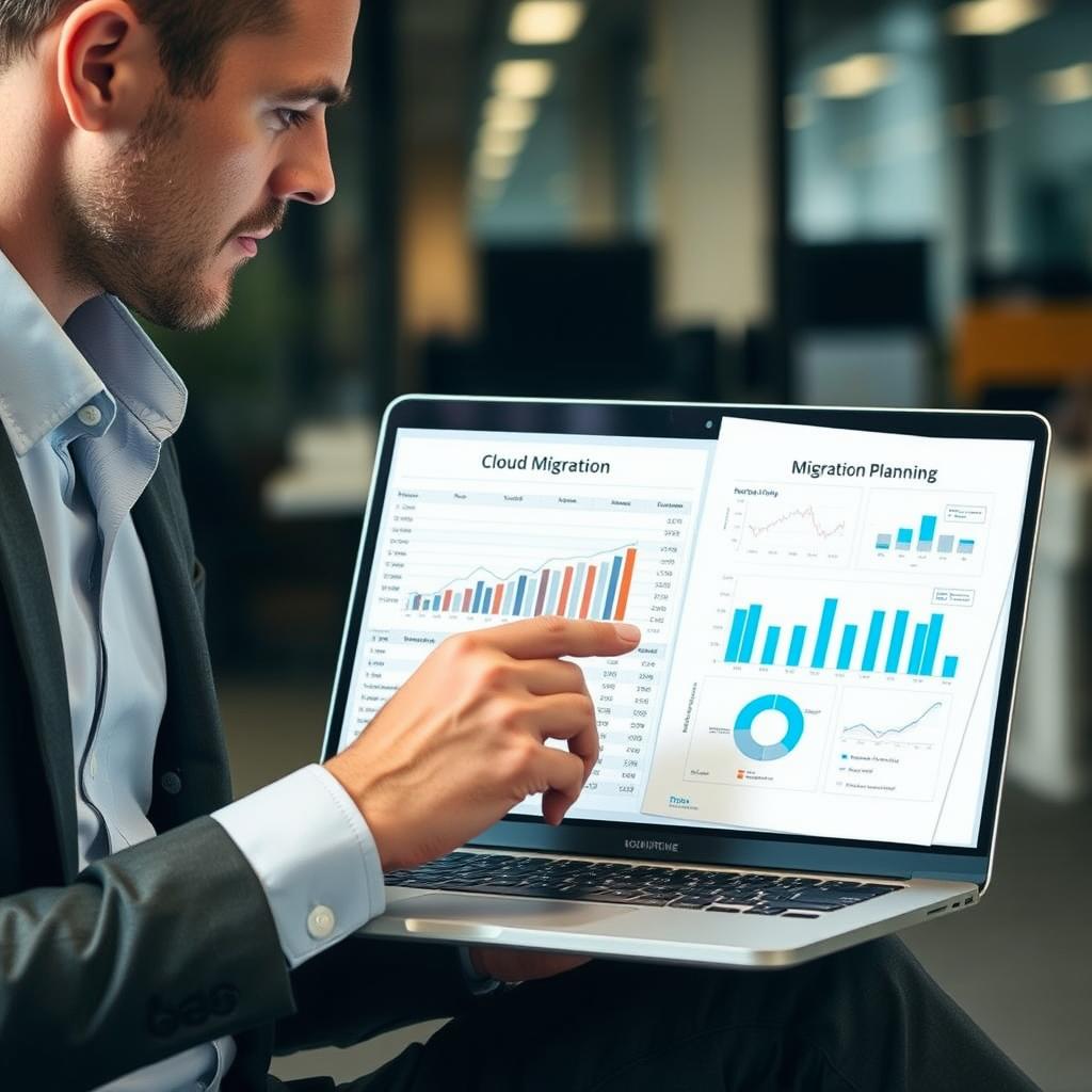 IT professional analyzing cloud migration costs on laptop with financial charts