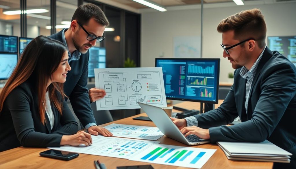 IT team implementing cloud migration cost reduction tactics with architecture diagrams and optimization tools