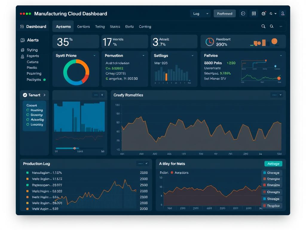 Manufacturing cloud observability dashboard showing system health metrics