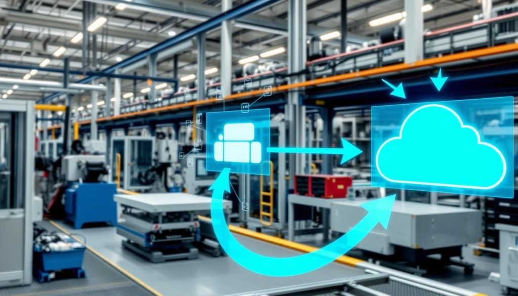 Manufacturing facility with cloud migration visualization showing data flow from factory floor to cloud infrastructure - Best Practices for Cloud Migration in Manufacturing Manufacturing facility with cloud migration visualization showing data flow from factory floor to cloud infrastructure - Best Practices for Cloud Migration in Manufacturing