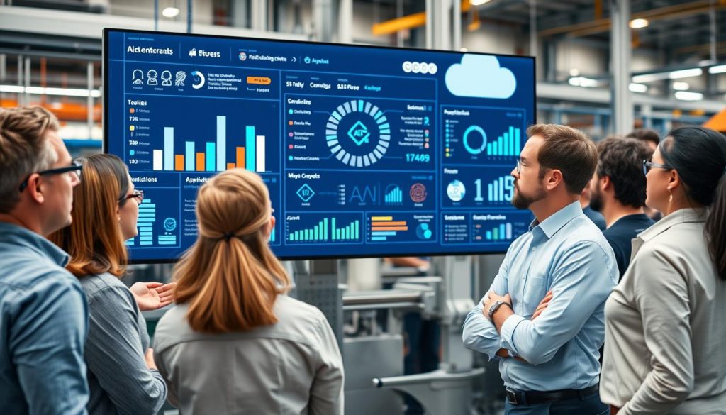 Manufacturing team reviewing AI in cloud services manufacturing implementation results on digital dashboard