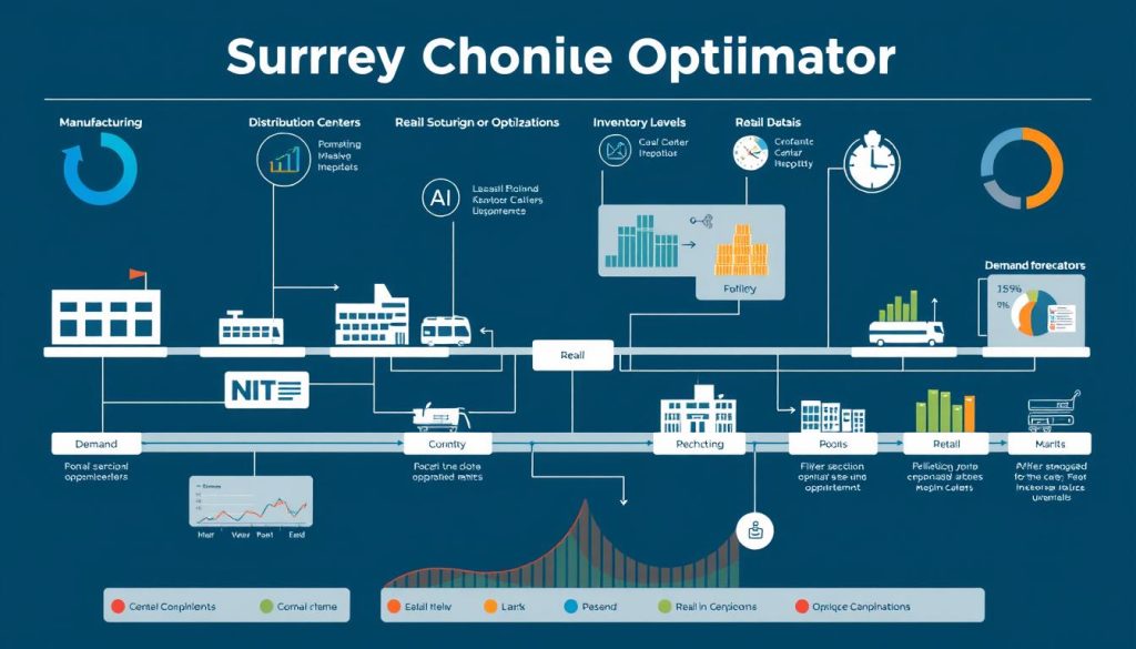 Supply chain optimization visualization showing AI-powered demand forecasting for manufacturing