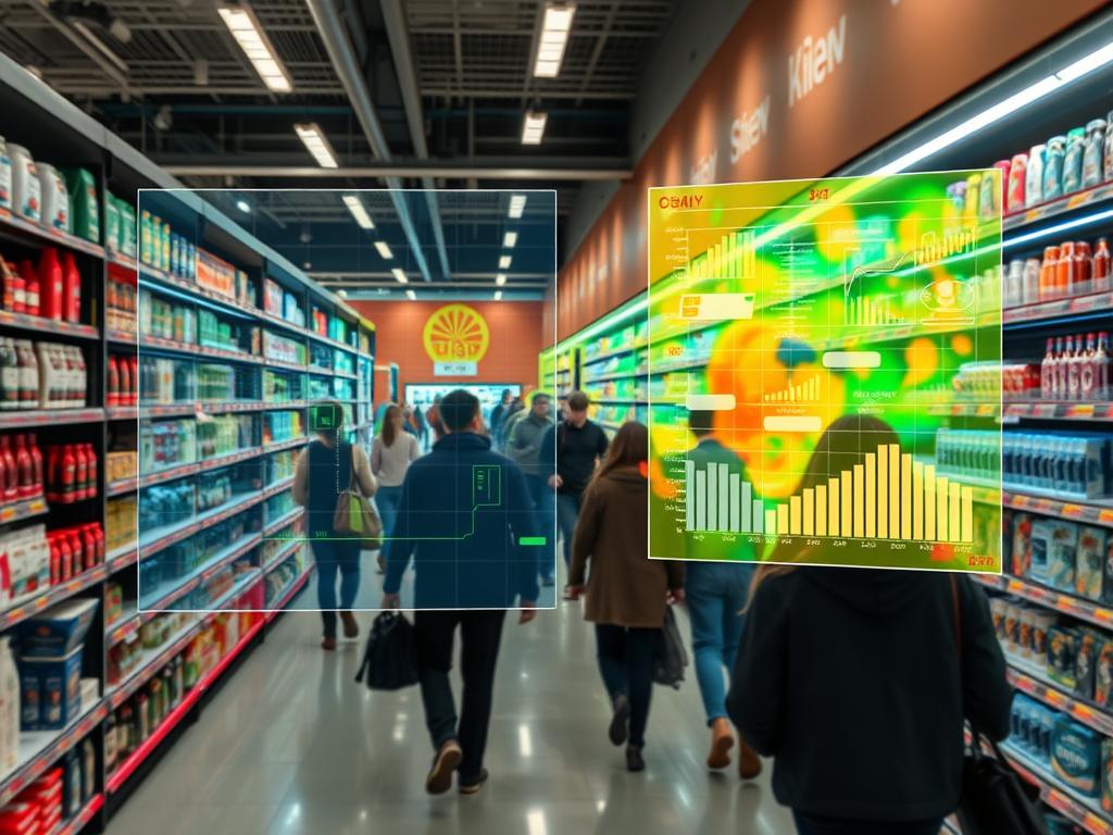 AI Vision-system som analyserar kundflöden och hyllplacering i butiksmiljö AI Vision-system som analyserar kundflöden och hyllplacering i butiksmiljö