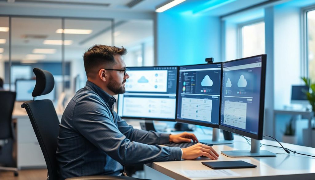 AWS Specialist som arbetar vid dator med molndiagram