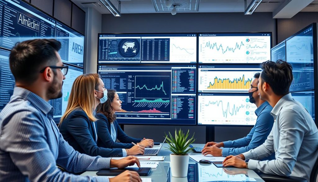 Affärspersoner som analyserar resultat från djupinlärningsmodeller i en modern kontorsmiljö