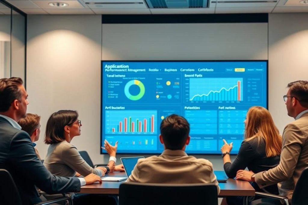 Affärspersoner som diskuterar fördelarna med Application Performance Management Affärspersoner som diskuterar fördelarna med Application Performance Management