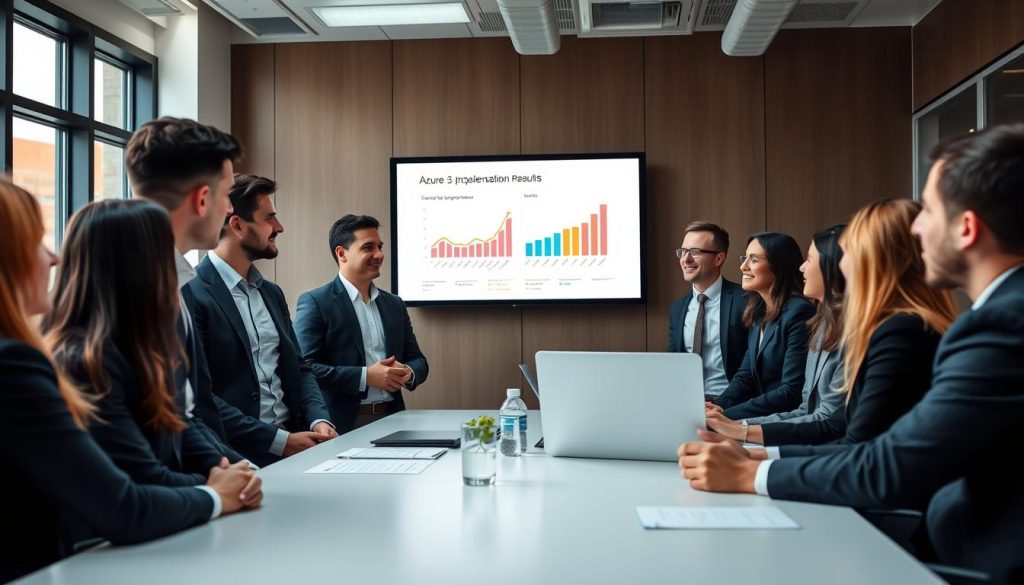 Affärspersoner som diskuterar framgångsrik Azure-implementering Affärspersoner som diskuterar framgångsrik Azure-implementering