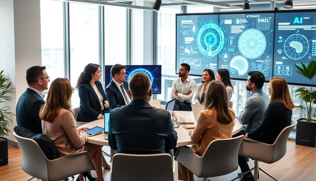 Affärspersoner som diskuterar framtiden för djupinlärning i en modern kontorsmiljö